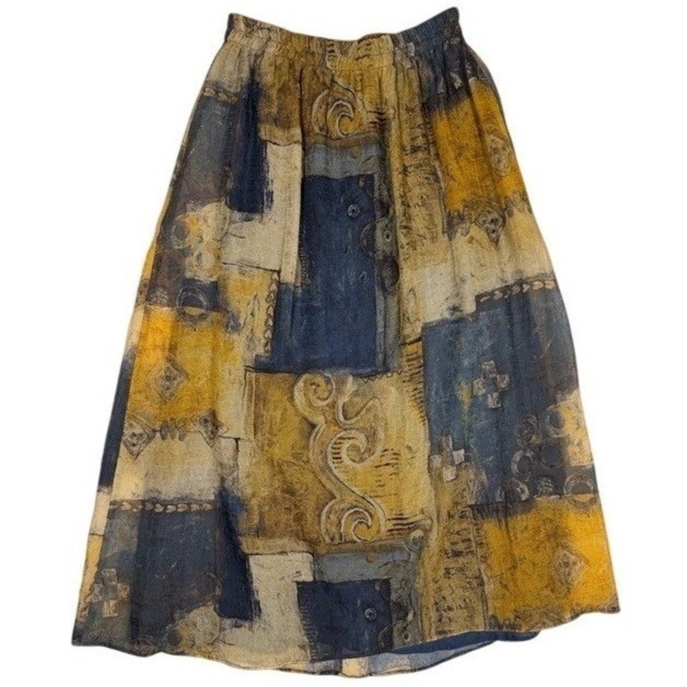 Vintage‎ Style Abstract Patchwork Maxi Skirt Yellow Blue Boho Art To Wear USA